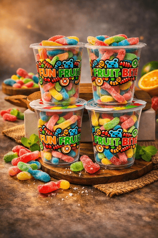 Fun Fruit Bites 6 Oz x 14 pcs NEON GUMMY WORM